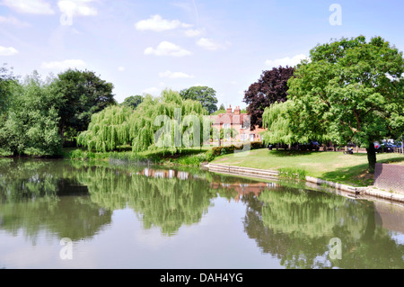 Berks - Sonning on Thames - vue pittoresque de saules cottages ciel d'été reflétée dans surface lisse de la rivière Banque D'Images