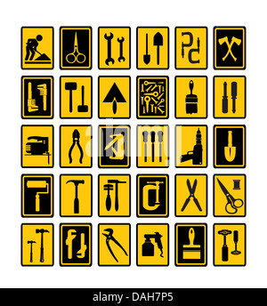 Un ensemble d'outils des silhouettes en noir sur un fond jaune et noir Banque D'Images