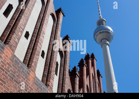 Fernsehturm, la tour de télévision avec une partie de premier plan dans la Marienkirche Allemagne Berlin Mitte Banque D'Images