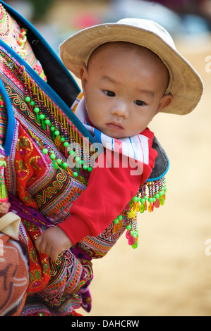 Enfant Flower Hmong mis sur le dos de la mère. Costume tribal distinctif. Pouvez Cau, au Vietnam. Parution du modèle Banque D'Images