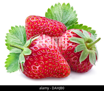 Trois fraise mûre avec des feuilles sur un fond blanc. Banque D'Images
