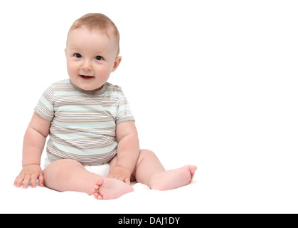 Belle laughing baby boy sitting on white background Banque D'Images