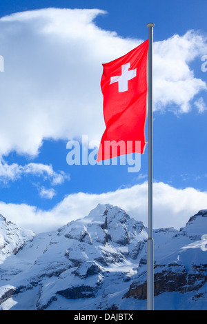 Drapeau national suisse dans le vent en face des Alpes Bernoises, Suisse, Alpes Bernoises Banque D'Images