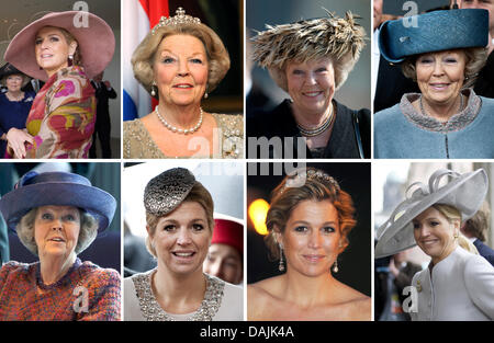 Combinaison d'une photo datée du 12 au 15 avril 2011 montre la reine Beatrix des Pays-Bas et de la princesse maxima avec des casquettes différentes au cours de leur visite en Allemagne. À la fin de leur visite, ils regardent la fosse "Zollverein" à Essen, Allemagne, 15 avril 2011. Photos : dpa Banque D'Images