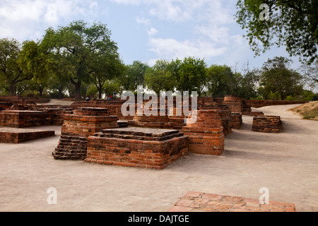 Ruines de site archéologique, Stupa Dhamek, Sarnath, Varanasi, Uttar Pradesh, Inde Banque D'Images