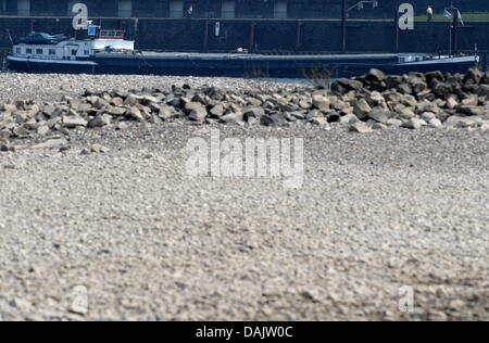 Un cargo ship sails sur les bords du Rhin à Düsseldorf, Allemagne, 29 avril 2011. Le niveau de l'eau avril du Rhin est le plus bas depuis 30 ans et en fonction de l'eau et l'Office d'expédition à Duisburg, le niveau d'eau à Düsseldorf a été 1,70 mètres avec une profondeur d'eau de 2,85 mètres. Photo : FEDERICO GAMBARINI Banque D'Images