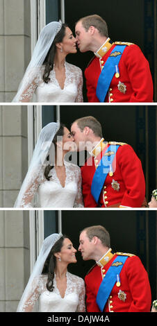 Le tableau montre le premier baiser des nouveaux mariés la princesse Catherine et Prince William vu sur le balcon du palais de Buckingham à Londres, Grande-Bretagne, 29 avril 2011, après leur cérémonie de mariage. Nos clients du monde entier ont été invités à célébrer le mariage du Prince William et Kate Middleton. Photo : Peter Kneffel Banque D'Images