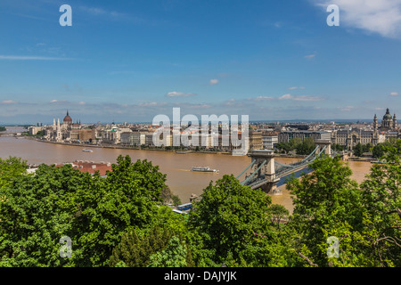 Vue du château de Buda du Danube, du Parlement et du Pont des Chaînes Banque D'Images