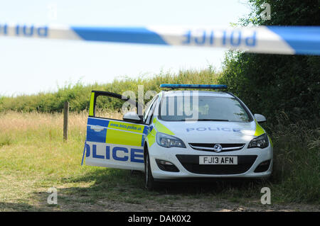 Fenny Drayton, Leicestershire, UK. 15 juillet 2013. Un avion s'est écrasé dans les champs à l'extérieur de Fenny Drayton dans le Leicestershire, Angleterre. La police a encerclé la zone, ce qui est profond dans la campagne du Leicestershire. Crédit : Jamie Gray/Alamy Live News Banque D'Images