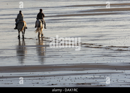 Deux cavaliers de loisirs à la plage de la mer du Nord, Belgique Banque D'Images