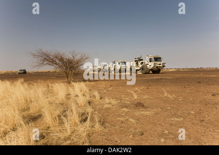 L'exploration du pétrole au Mali. Vibrateur sismique des véhicules se déplaçant à travers désert et frottez le relief levé géophysique de concession. Banque D'Images