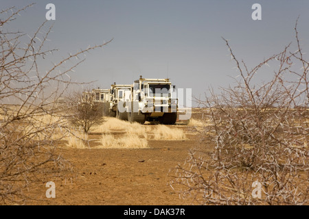 L'exploration du pétrole au Mali. Vibrateur sismique des véhicules se déplaçant à travers désert et frottez le relief levé géophysique de concession. Banque D'Images