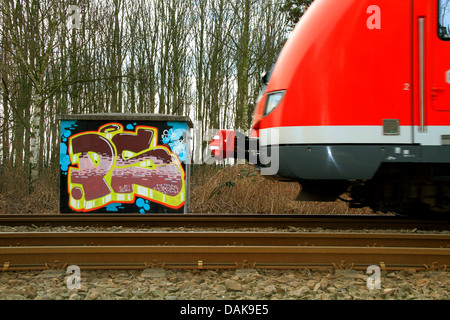 Le graffiti à côté des voies de chemin de fer, l'Allemagne, en Rhénanie du Nord-Westphalie, région de la Ruhr Banque D'Images