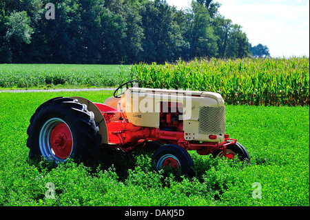 Cas Antique tracteur dans le hayfield. Banque D'Images