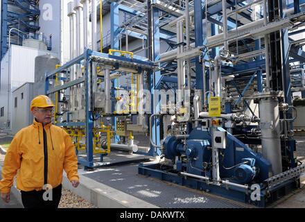 Un Vattenfall (power company) employé marche dernières nouvelles le lavage des gaz de combustion et de CO2 dans le système de séparation Scwarze Pumpe, Allemagne, 05 mai 2011. Les 10 millions d'euros dans un système de coopération entre Vattenfall Europe et la compagnie américaine Air Products et appartient à un système pilote de la Vattenfall à faibles émissions de carbone des centrales au charbon a commencé en 2008. Photo : Bernd Settnik Banque D'Images