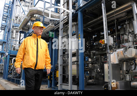 Un Vattenfall (power company) employé marche dernières nouvelles le lavage des gaz de combustion et de CO2 dans le système de séparation Scwarze Pumpe, Allemagne, 05 mai 2011. Les 10 millions d'euros dans un système de coopération entre Vattenfall Europe et la compagnie américaine Air Products et appartient à un système pilote de la Vattenfall à faibles émissions de carbone des centrales au charbon a commencé en 2008. Photo : Bernd Settnik Banque D'Images