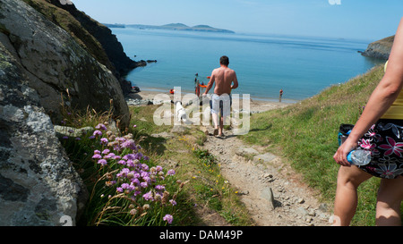 Les gens qui marchent avec chien à Meigan Porth beach avec vue sur la mer et l'île de Ramsey, St David's Head, Pembrokeshire, Pays de Galles, Royaume-Uni Banque D'Images