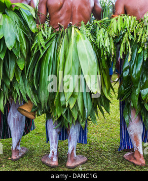 Low angle d'un groupe tribal, portant des feuilles traditionnelles jupes, Goroka Show, la Papouasie-Nouvelle-Guinée. Banque D'Images