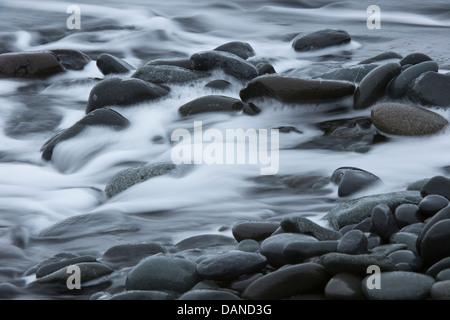 Les joueurs de l'eau sur les roches noires volcaniques arrondis 'rivière glaciaire Jökulsárlón lagoon" le sud de l'Islande Europe Océan Atlantique Juin Banque D'Images