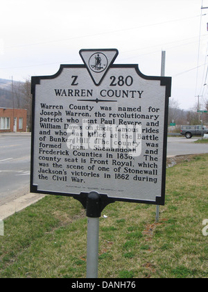 WARREN COMTÉ Warren comté a été nommé pour Joseph Warren, le patriote révolutionnaire qui a envoyé Paul Revere et William Dawes sur leur fameux manèges et qui a été tué à la Bataille de Bunker Hill. Le comté a été formé à partir de la ville de Shenandoah et Frederick comtés en 1836. Le siège du comté est à Front Royal, qui fut le théâtre d'une des victoires de Stonewall Jackson en 1862 pendant la guerre civile. Ministère des ressources historiques, 1997. Banque D'Images