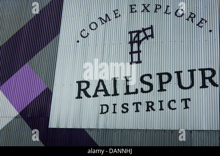 Railspur District signe sur Granville Island, Vancouver, British Columbia, Canada Banque D'Images