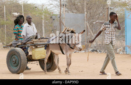 Avec un entraîneur d'auto-construction tirée par deux ânes, ces réfugiés possèdent deux bouteilles remplies d'eau leur logement dans un camp de réfugiés à Dadaab, dans le nord-est du Kenya, Afrique, le 03 août 2011. La Somalie et dans certaines parties du Kenya ont été frappé par l'une des pires sécheresses et famines en six décennies, plus de 350.000 réfugiés ont trouvé refuge dans les mondes plus grand camp de réfugiés. Photo Banque D'Images