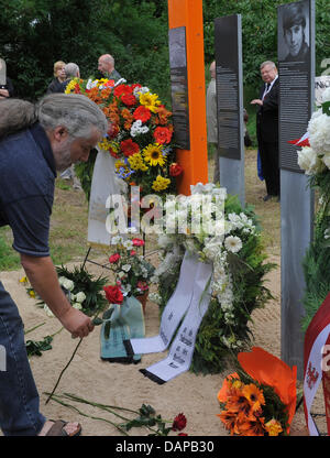 Un homme fixe les fleurs à côté d'une colonne commémorative sur le mur trail à Teltow, Allemagne, 08 août 2011. La colonne se souvient de Peter Maedler et Karl-Heinz Kube, qui ont été tués au mur de Berlin le 26 avril 1963 et 16 décembre 1966. À l'occasion du 50e anniversaire de la construction du mur, 29 colonnes vont être mis en place pour 50 personnes tuées au Berlin w Banque D'Images