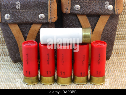 Rouge et blanc cinq cartouches de fusil de chasse 11 et 12 et bag Banque D'Images