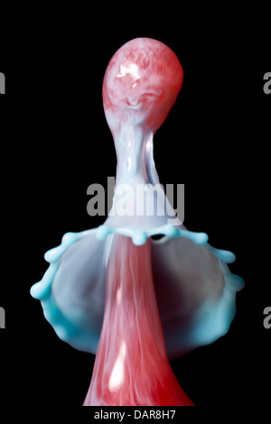 Une photographie à grande vitesse capture une éclaboussure de liquide dynamique formant une forme de couronne sur un fond noir Uni. Le splash présente une sphère rouge brillante et translucide en haut, reliée par un Banque D'Images
