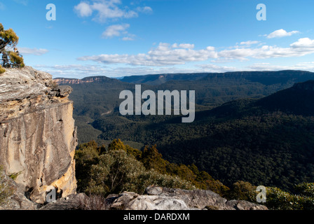 Vue sur la vallée Jamison, au Point Sublime, Blue Mountains, Australie Banque D'Images