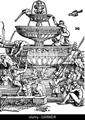 Baignade, fontaine de jouvence, gravure sur cuivre par Hans Sebald Beham, Allemagne, 1ère moitié 16e siècle, la superstition, l'éternelle jeunesse, baignoire, l'eau, les gens, les beaux-arts, art, graphique, renaissance, historique, historique, les gens, l'artiste n'a pas d'auteur pour être effacé Banque D'Images
