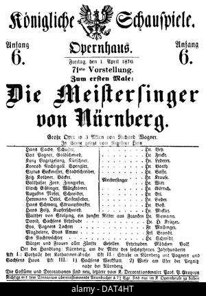 théâtre, opéra, 'The Masterchingers of Nuremberg' ('Die Meistersinger von Nürnberg), par Richard Wagner, projet de loi pour la première de Berlin, Royal Theatres Opera Housm Berlin, 1.4.1870, droits additionnels-Clearences-non disponible Banque D'Images