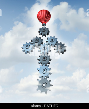 La réussite de l'entreprise de construction avec un red hot air balloon la construction d'une flèche dans le ciel avec un groupe de trois dimensions reliées les engrenages et roues cog comme un concept créatif de la planification de réseau et de la stratégie à travers l'organisation. Banque D'Images