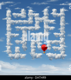 Ciel est la limite concept avec un red hot air balloon flying jusqu'à la sky navigation dans un groupe de nuages de tempête en forme de labyrinthe labyrinthe puzzle ou comme une icône de direction stratégie et le succès de la planification. Banque D'Images