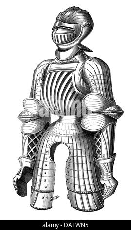 Militaire, Moyen âge, armure du chevalier, armure Maximilien, XVe siècle, gravure en bois, XIXe siècle, visière, casque, casques, armure du chevalier, armure du chevalier, protection, armure de plaque, historique, historique, médiéval, droits additionnels-Clearences-non disponible Banque D'Images