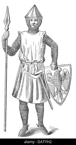 Moyen-âge, chevaliers, chevalier polonais du XIIIe siècle, illustration après un sceau polonais, polonais, chevalier, chevaliers, Moyen-âge, lance, lances, chemise de courrier, chemises de courrier, Pologne, historique, historique, bouclier, boucliers, blason, casque, casques, personnes, médiéval, droits supplémentaires-Clearences-non disponible Banque D'Images