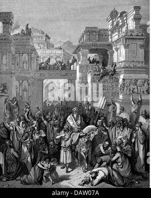 La religion, scènes bibliques, 'Triomphe de Mardochée', gravure sur bois de la Bible par Gustave Doré, 1866, l'artiste n'a pas d'auteur pour être effacé Banque D'Images