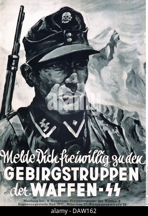 National-socialisme / nazisme, organisations, SS (Schutzstaffel), Waffen-SS, affiche de recrutement 'volontaire pour les troupes de montagne SS', Munich, Allemagne, vers 1942, droits additionnels-Clearences-non disponible Banque D'Images