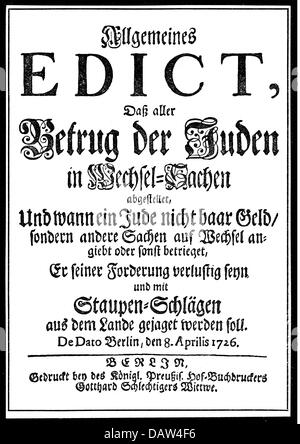 justice, lois, édit contre l'échange d'argent par les Juifs, remis par le roi Frederick William I, Berlin, 8.4.1726, page de titre, droits additionnels-Clearences-non disponible Banque D'Images