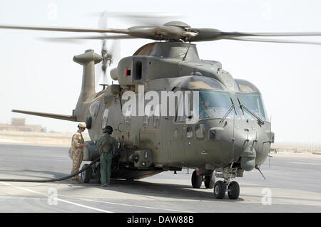 (Afp) un fichier EH101 Merlin HC Mk3, 1419 Hélicoptère Vol de la Royal Air Force Escadron numéro 28 est alimentée à l'aéroport de Basra, en Irak, en juin 2006. Cinq Merlins transportant quatre soldats sont déployés en Irak. Photo : Carl Schulze Banque D'Images