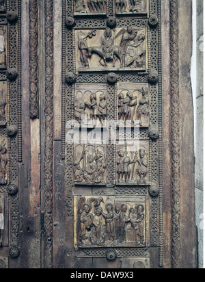 Beaux-arts, du Moyen Âge, de l'artisanat, la sculpture sur bois, scènes de la vie de Jésus Christ, la porte en bois, 2e quart du 11e Banque D'Images