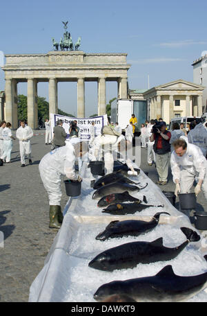 Les militants de l'organisation environnementale Greenpeace laver internationaux alignés les baleines et les dauphins qui ont été récupérés lors de différents bords en face de la porte de Brandebourg à Berlin, Allemagne, 21 mai 2007. Greenpeace présente 17 animaux morts, qui selon l'organisation, ont été gravement blessés par les filets des pêcheurs et les hélices. L'organisation veut cal Banque D'Images