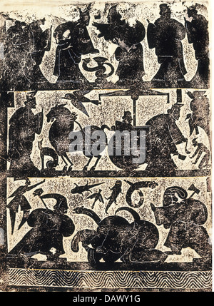 Beaux-arts, de la Chine, de l'airain frotte, mur de la chambre funéraire de la famille vu dans le Shandong, lutte avec le serpent géant et scènes Royal British Museum, Londres, l'artiste n'a pas d'auteur pour être effacé Banque D'Images