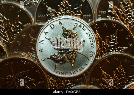 De nombreux lingots d'argent pièces de monnaie du Canada, pur 9999 once troy d'argent Feuille d'érable canadienne précédente investment grade d'argent métal Banque D'Images