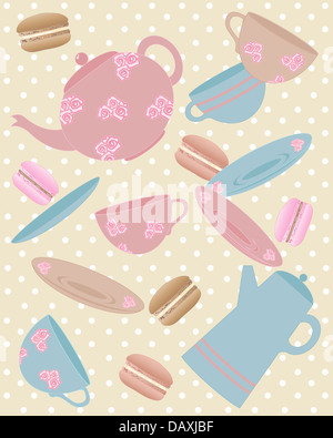 Une illustration d'éléments d'une théière tasse soucoupe cafe y compris pot café et macarons dans des couleurs vintage à pois Banque D'Images