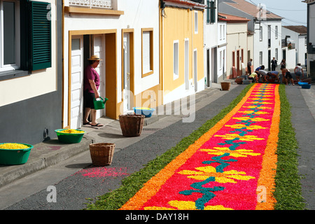 Les résidents de faire des tapis de fleurs dans la paroisse de Ponta Graça. L'île de São Miguel, aux Açores. Banque D'Images