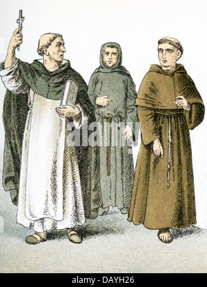 Les Italiens autour de l'an 1200 : Noir (frère prédicateur mendiant), Austin friar (Ordre des augustins), et Cordelier (Franciscain). Banque D'Images