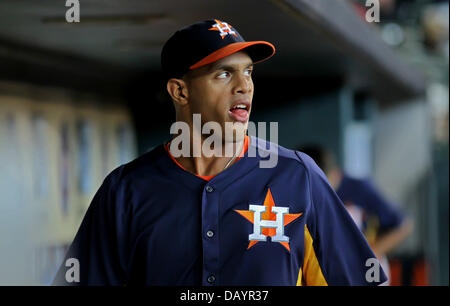 Houston, Texas, USA. 21 juillet, 2013. 21 JUL 2013 : le voltigeur des Houston Astros Justin Maxwell # 44 avant de la MLB baseball match entre les Astros de Houston et les Mariners de Seattle de Minute Maid Park de Houston, TX. Credit : csm/Alamy Live News Banque D'Images