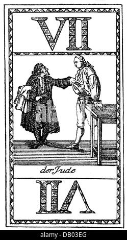 Judaïsme, caricature, un juif décode la chemise d'un dépteur, carte à jouer allemande, 18ème siècle, antisémitisme, Juifs, peuple, satire, marchand, moneyprêteur, argent, cartes à jouer, jeu, dept, Allemagne, historique, historique, historique, Additional-Rights-Clearences-not available Banque D'Images