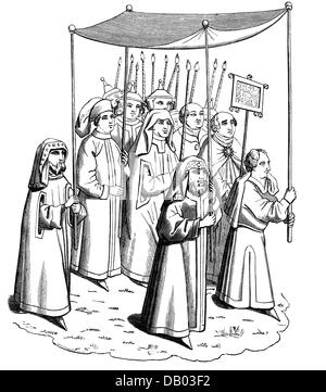 Religion, christianisme, conseils, Conseil de Constance 1414 - 1418, Juifs à une procession papale, après miniature des chroniques d'Ulrich von Richenthal, vers 1420, Eglise catholique romaine, canopée, Moyen âge, Allemagne, 15ème siècle, historique, historique, historique, coupure, coupures, médiévale, peuple, droits additionnels-Clearences-non disponible Banque D'Images